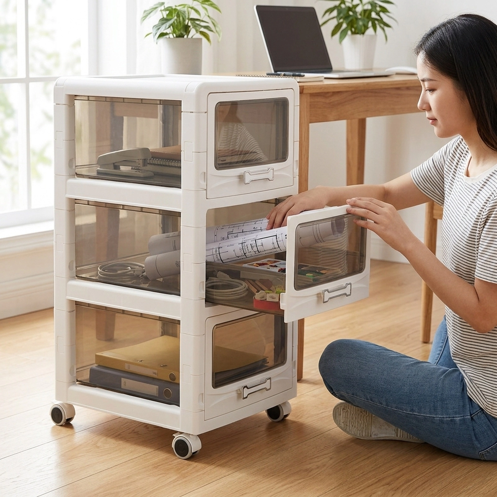SUGIFT 3/4/5-Drawer Plastic Storage Organizer Rolling Cart 11-lb Per Drawer Capacity 16.5 x 11 x 28/36/44 in White