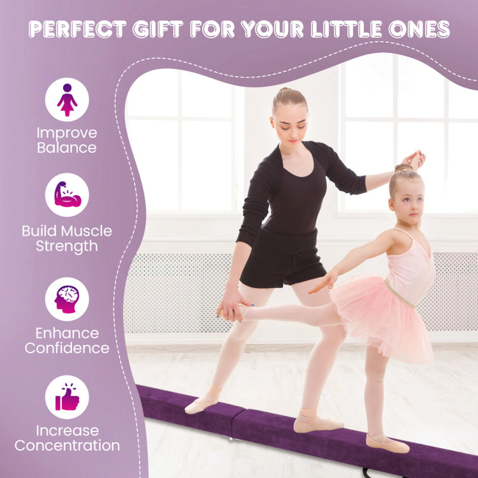 SUGIFT Kids Purple 9-ft Folding Gymnastics Balance Beam with Pine Wood Base Ages 3-10 160-lb User Capacity
