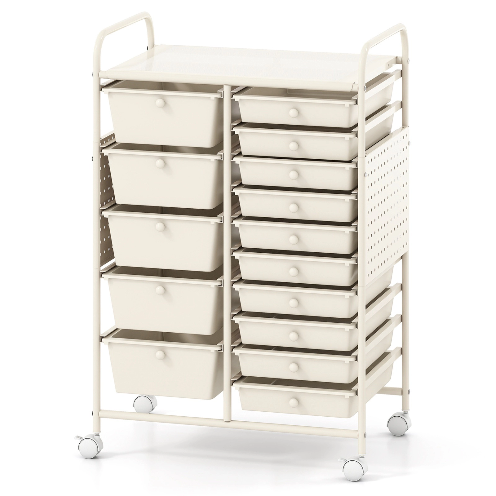 SUGIFT White 34-in 15-Drawer Rolling Cart Craft Organizer with Pegboard Metal Tabletop and Locking Wheels