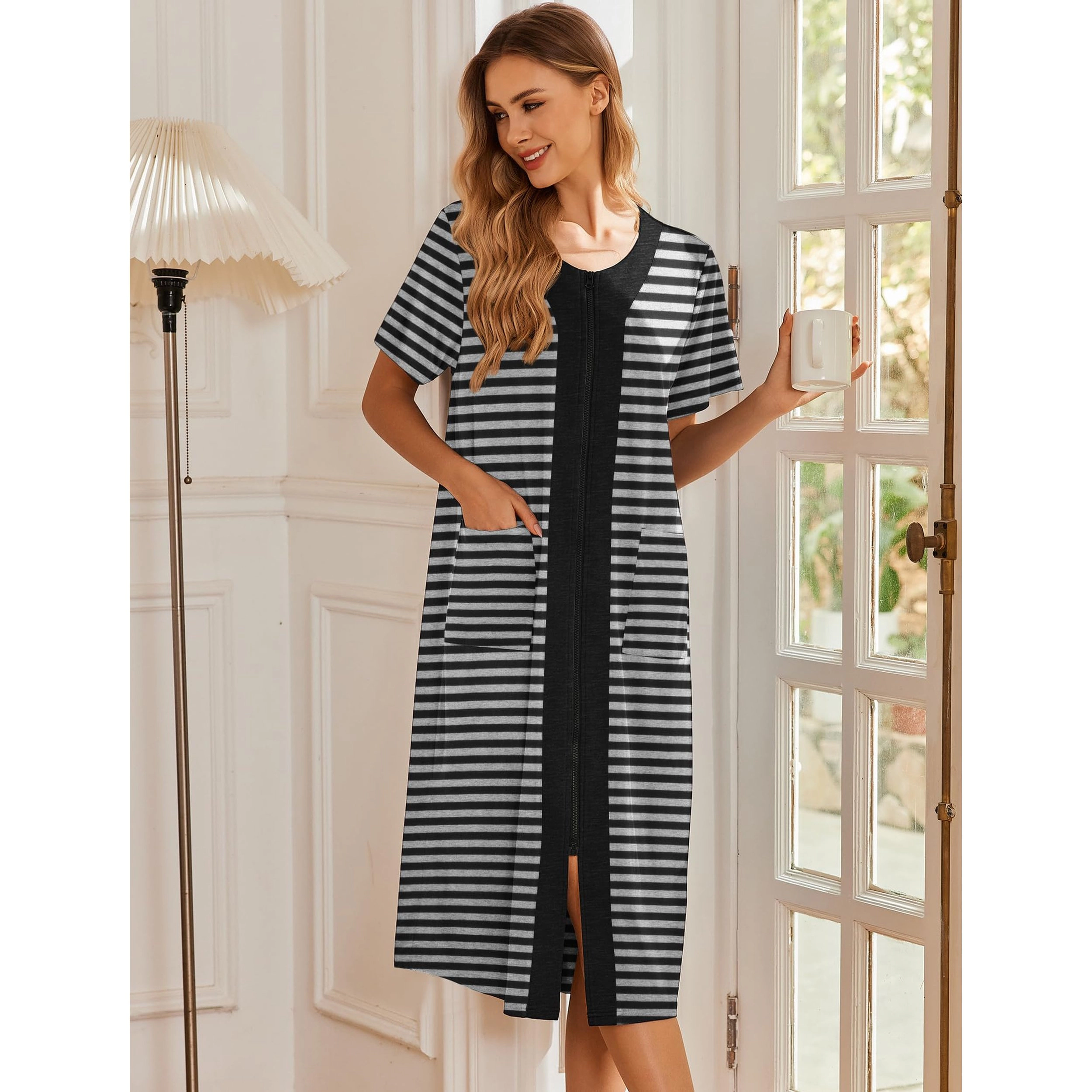 Ekouaer Robes For Women Zipper Front Bathrobe Short Sleeve House Coat Long Nightgown With Pockets