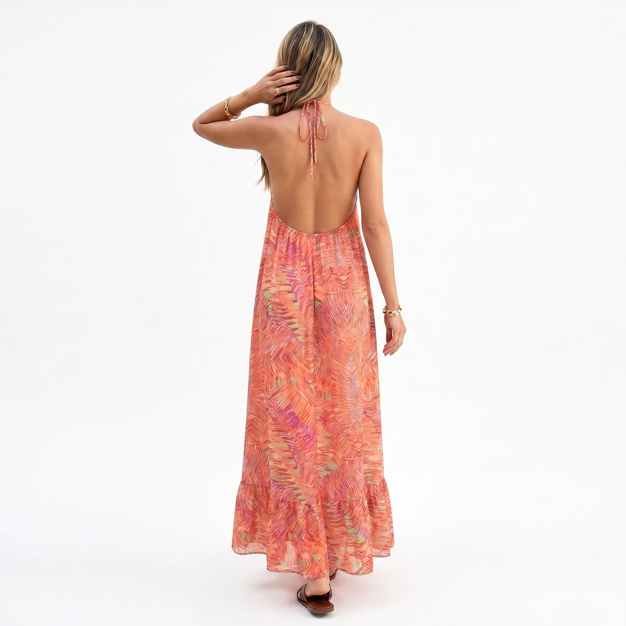 Anna-Kaci Women's Halter Open Back Tie Ruffle Hem Maxi Dress