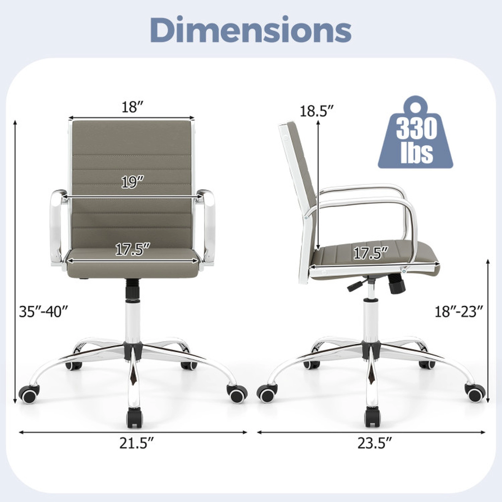 SUGIFT 330-lb Capacity Grey Ribbed PU Leather Rolling Desk Chair with S-Shaped Backrest and Rocking Function