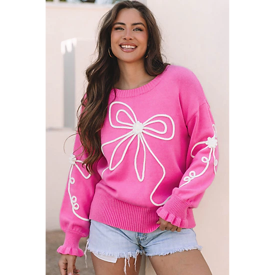 Threaded Pear Women's Corded Flower Bow Ribbed Trim Casual Sweater