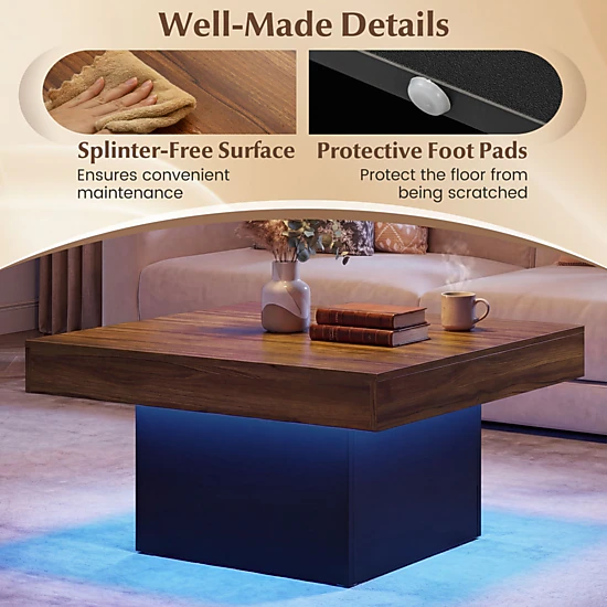 Glintex 35.5-Inch Square Coffee Table with RGB LED Lighting and Remote