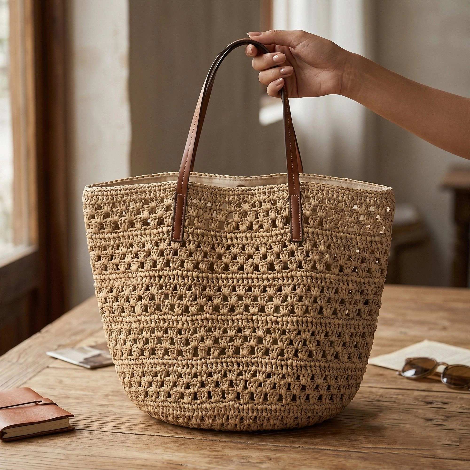 Alilang Women's Woven Crochet Tote Bag with Leather Shoulder Straps Large Capacity Knit Handbag Open Weave Tote