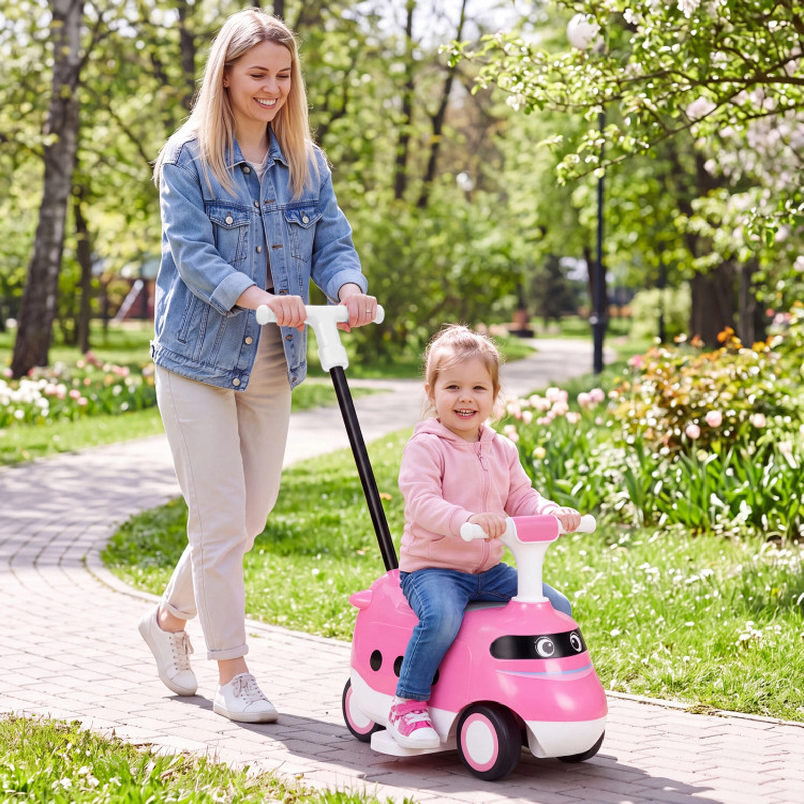 SUGIFT Kids Push 2-in-1 Ride-On Car with Detachable Parent Handle and Horn Pink