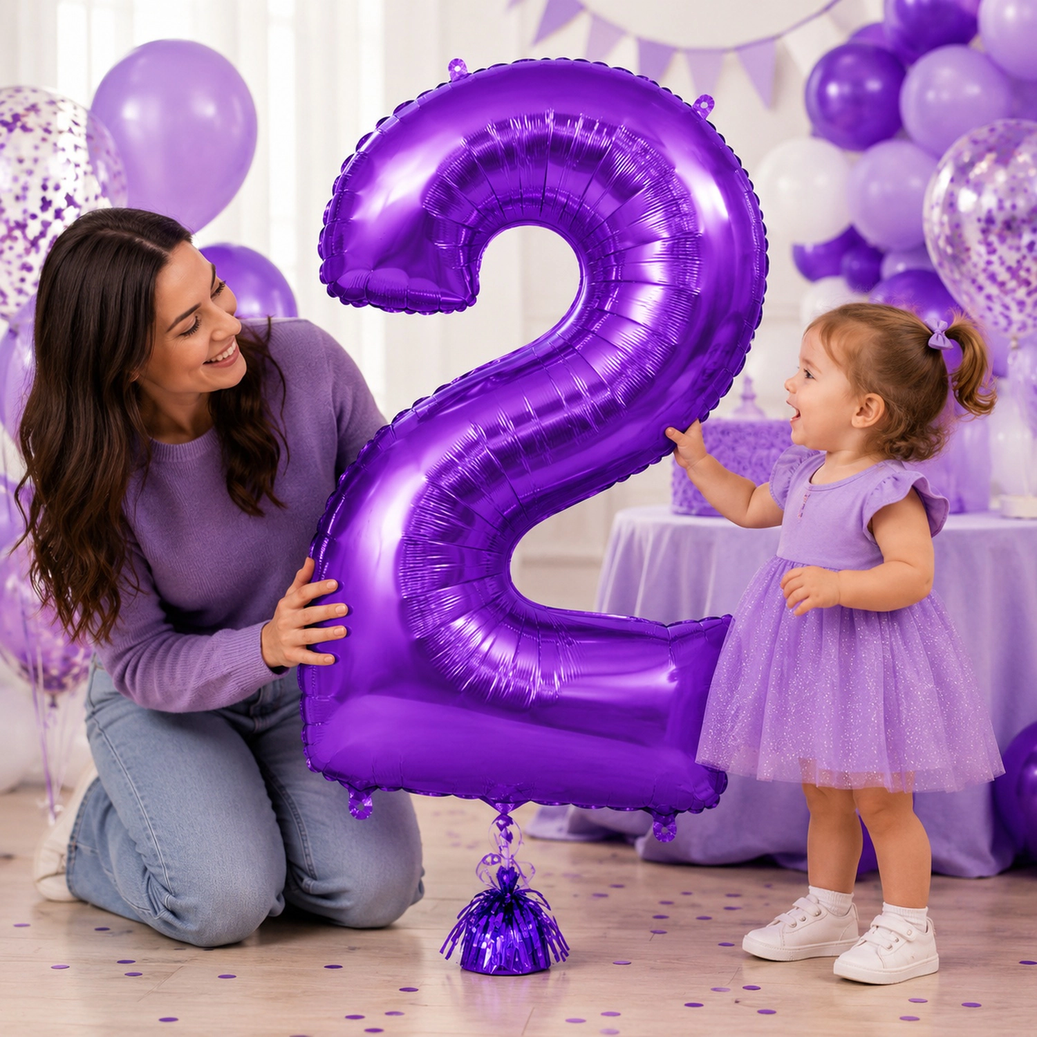 LoonBalloon Purple Number 2 Foil Balloon Set with 8 Purple and White Latex Balloons - 34 in Number 2 Party Decoration