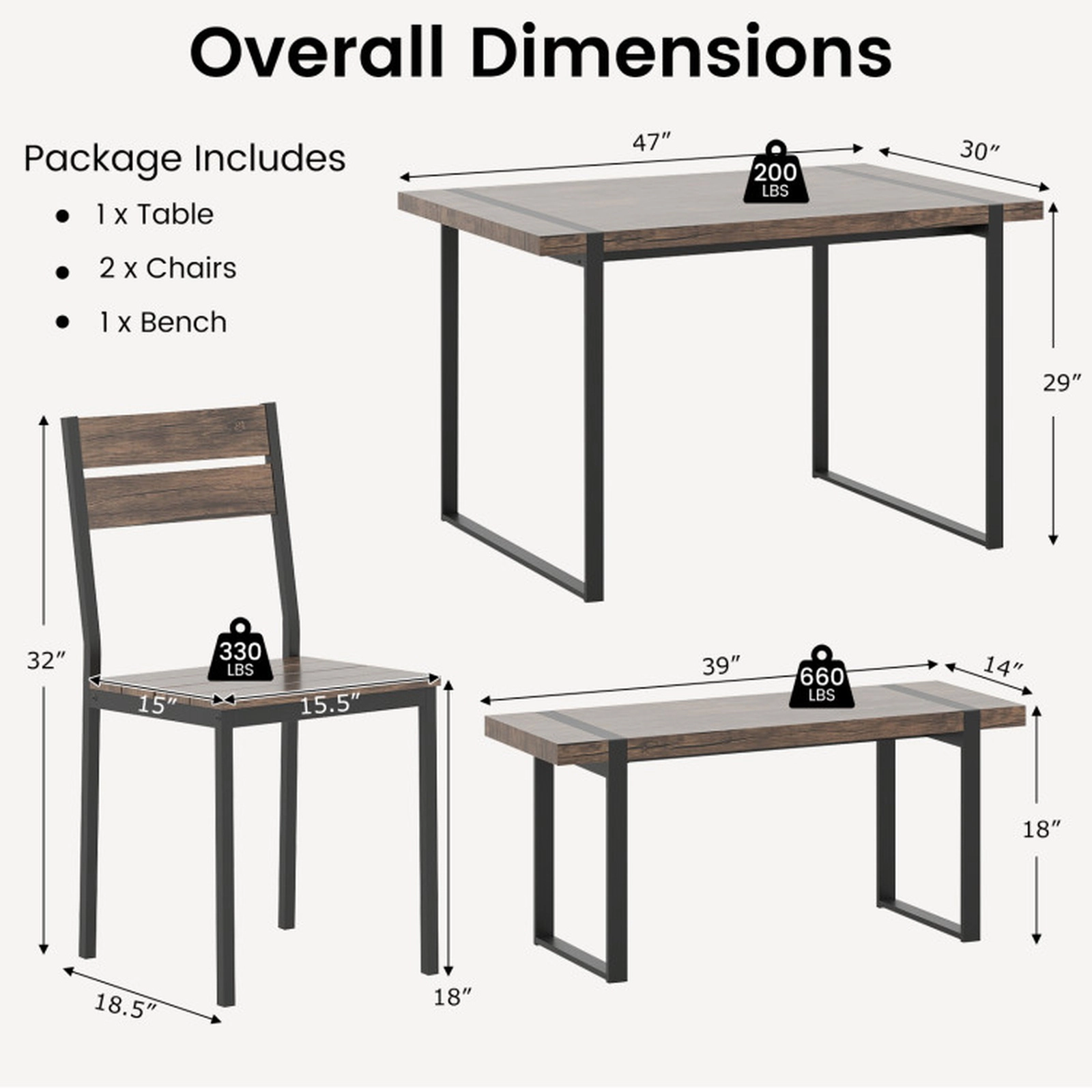 SUGIFT 4-Piece Dining Table Set with Bench and 2 Curved-Back Chairs, Gray and Black