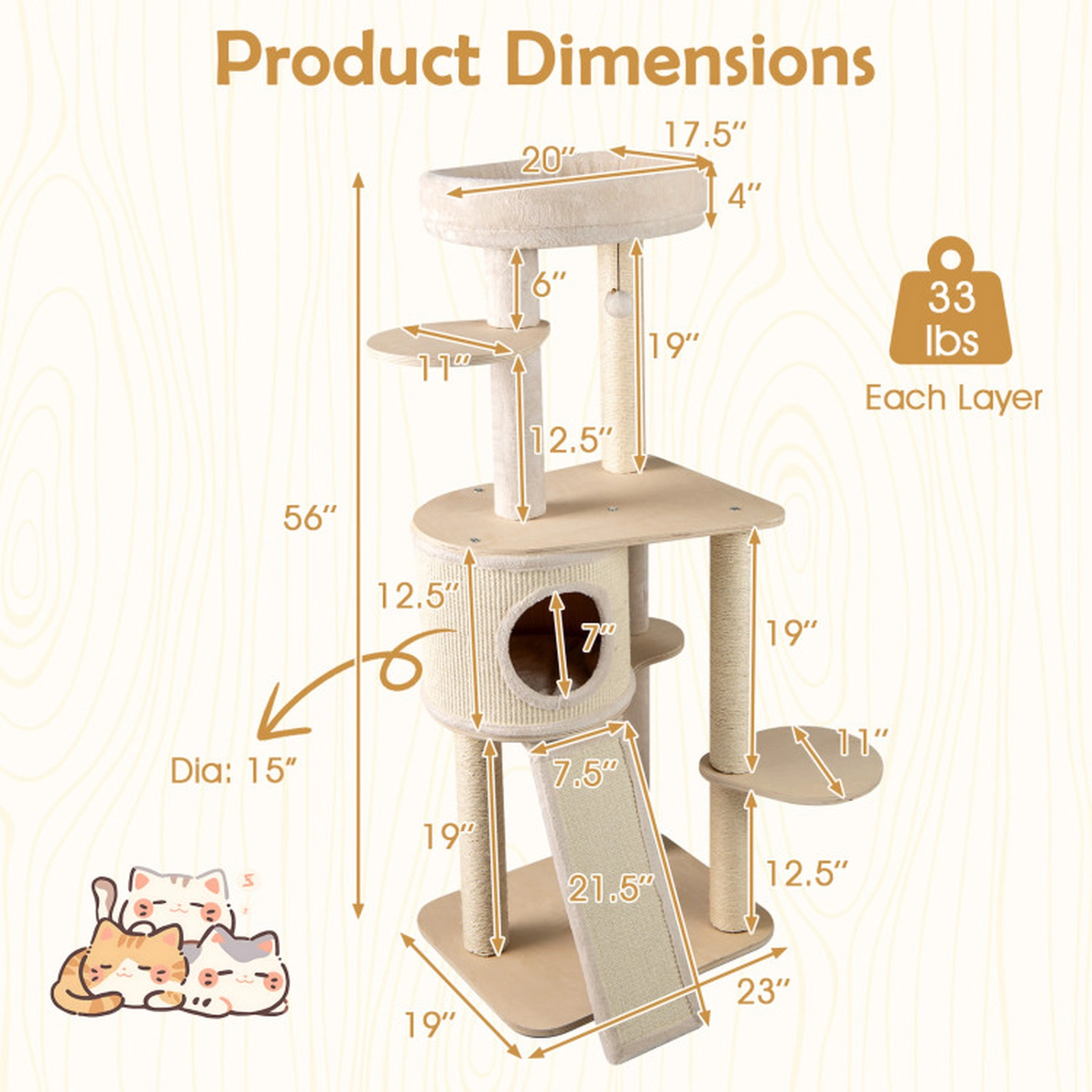 SUGIFT 56-in Natural Birch Plywood Cat Tree with Washable Condo Cover 20-in Padded Perch and Ladder