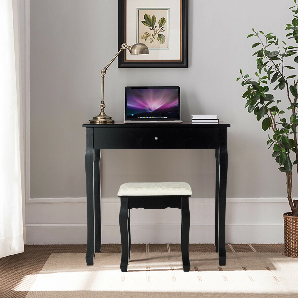 SUGIFT 3-Drawer Lighted Mirror Vanity Dressing Table and Stool Set with 360-Degree Rotating Oval Mirror Black