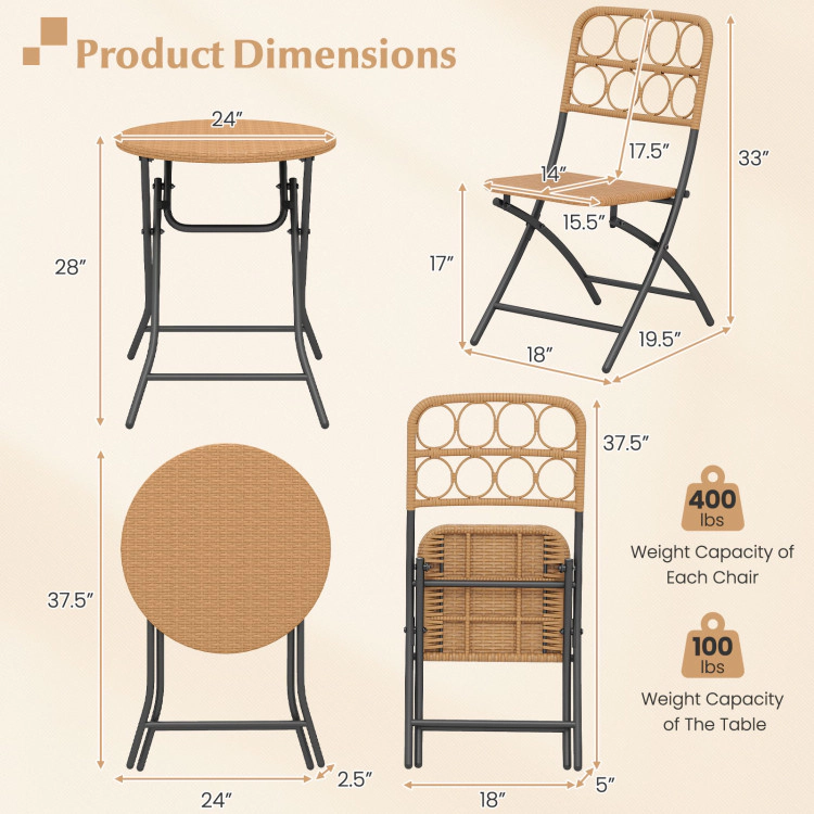 Hivvago 3 Piece Patio Bistro Set Folding Round Table And Chairs With Wicker Seat