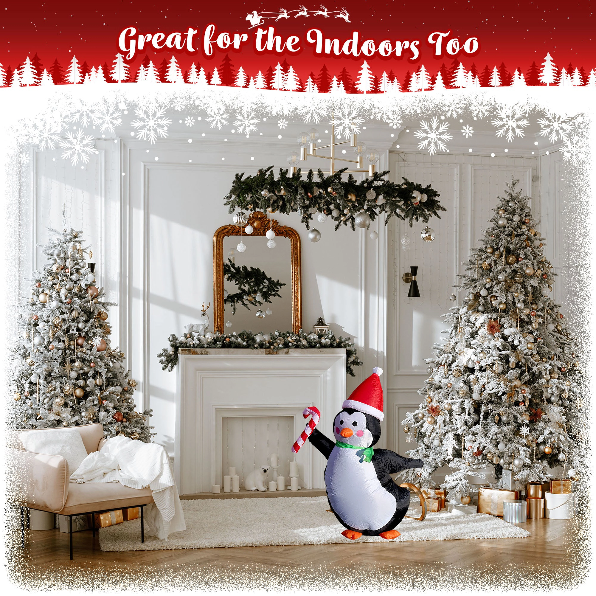 G128 4 ft Penguin Inflatable with Candy Cane and LEDs, Quick Inflate, Weather-Resistant Outdoor