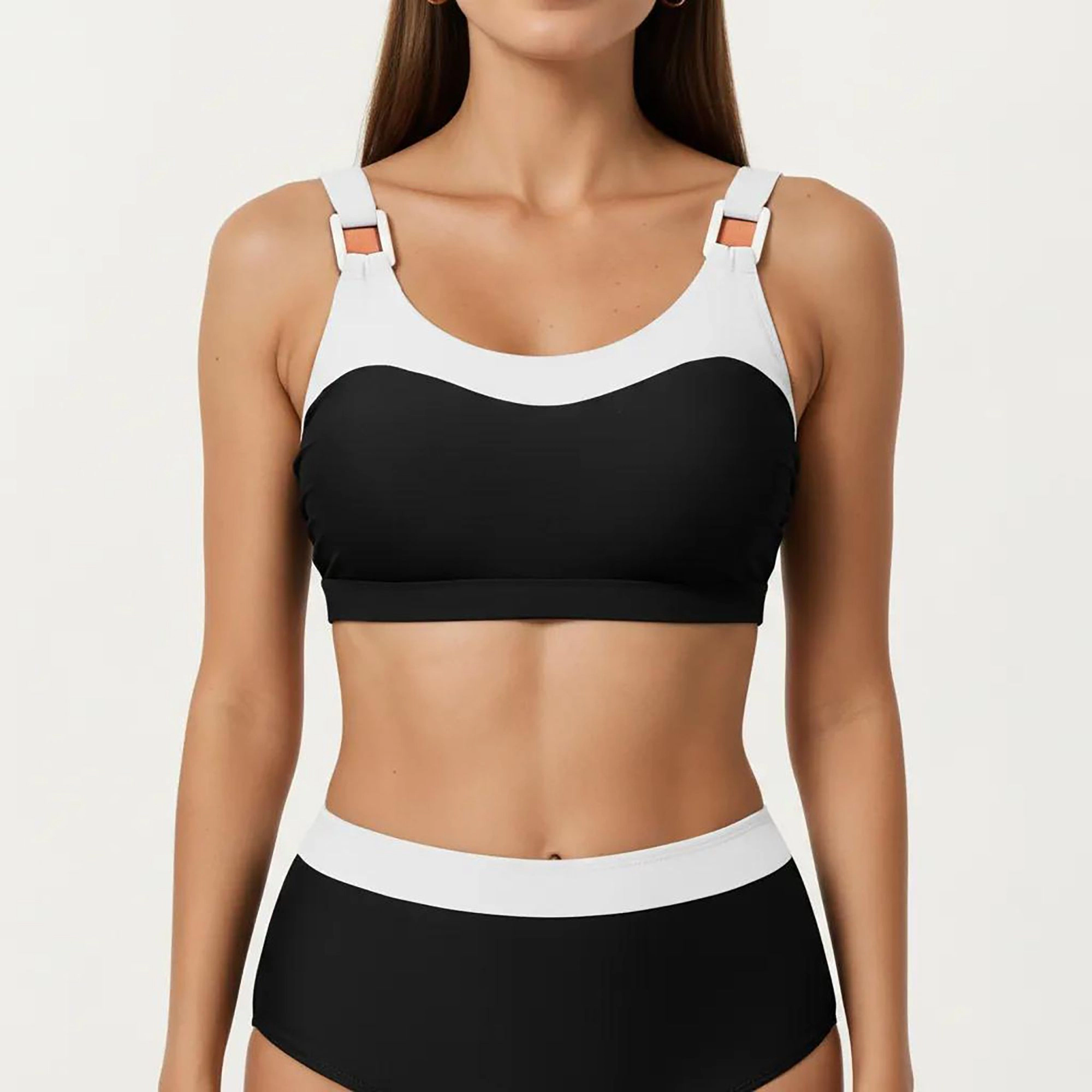 Anna-Kaci Women Color Block 2-Piece Bikini Set - Scoop Neck Top, High-Waist Tummy Control Bottoms