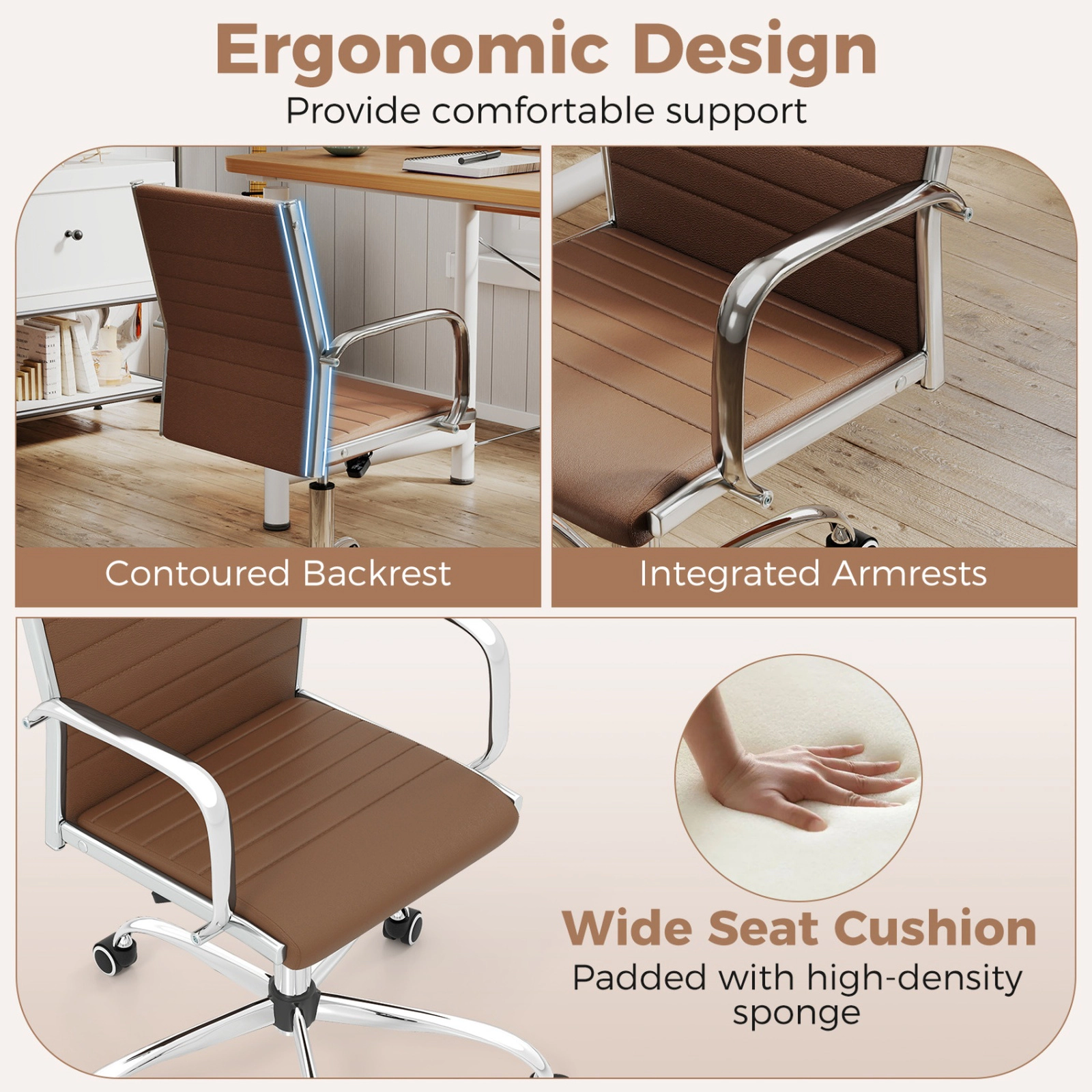SUGIFT Height Adjustable Office Chair with Rocking Backrest and Armrests 330-Lb Capacity 23.5-in Wide Brown