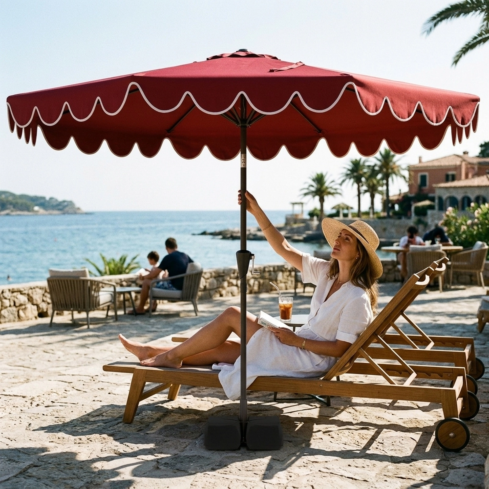 SUGIFT 10 x 8.2-ft Burgundy Market Patio Umbrella with Crank Lift, Manual Tilt and 2 Weight Bags
