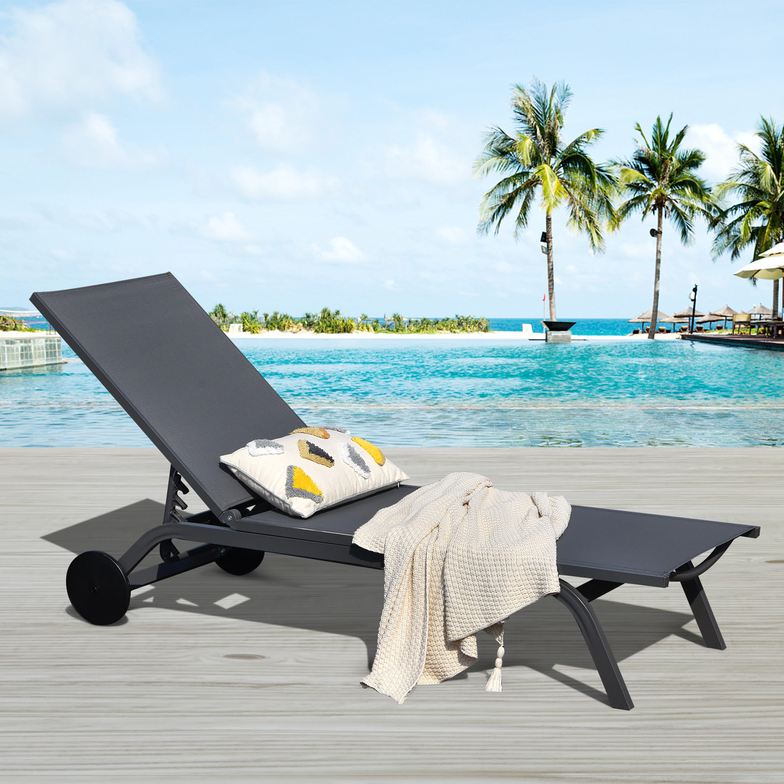 SUGIFT 6-Position Adjustable Aluminum Fabric Outdoor Recliner Chair 330-lb Capacity 76-in Long Gray Wheels, 1-Piece