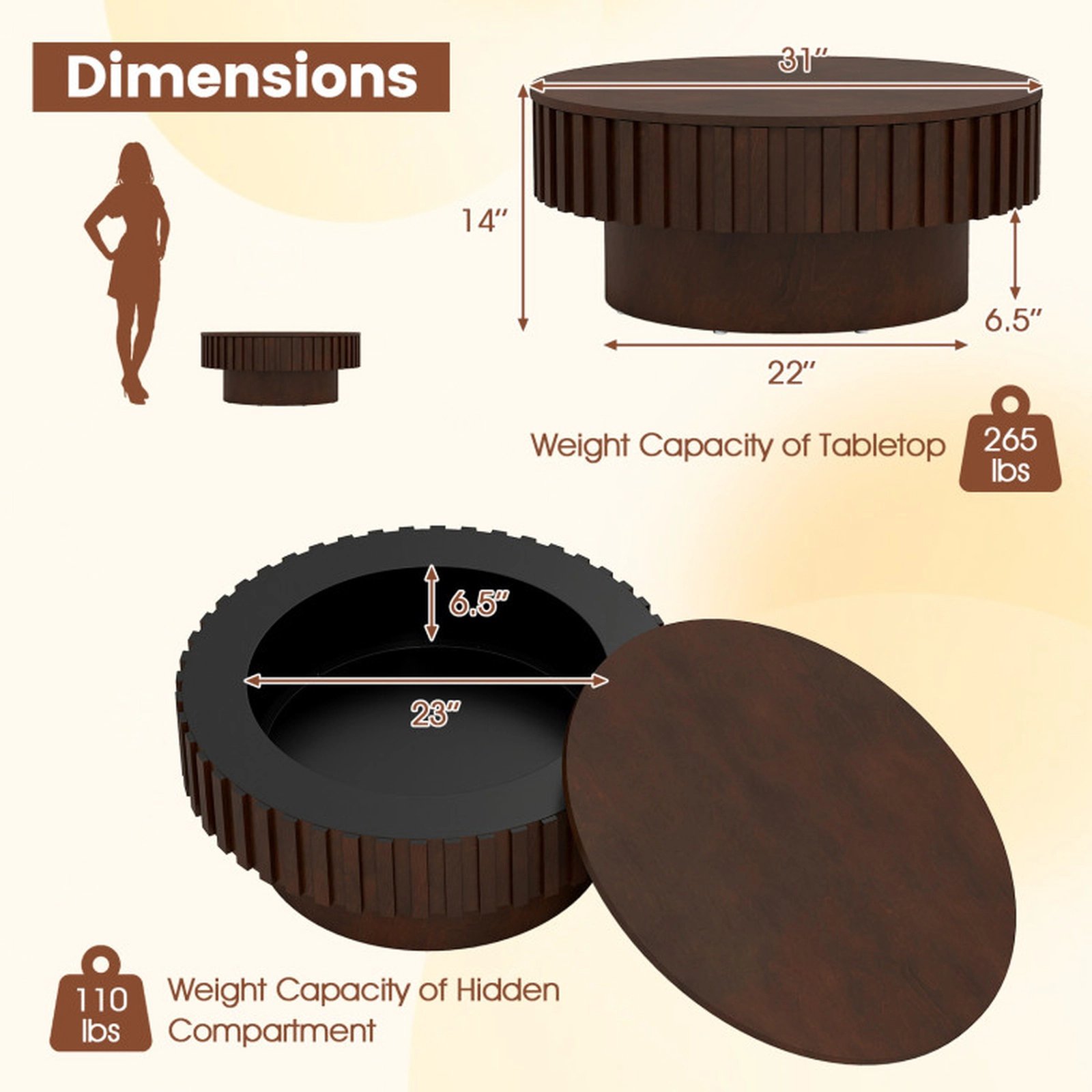 SUGIFT Round Fluted Drum Flip Top Hidden Storage Rubber Wood Coffee Table 31-in x 31-in x 14-in 265-lb Capacity Walnut