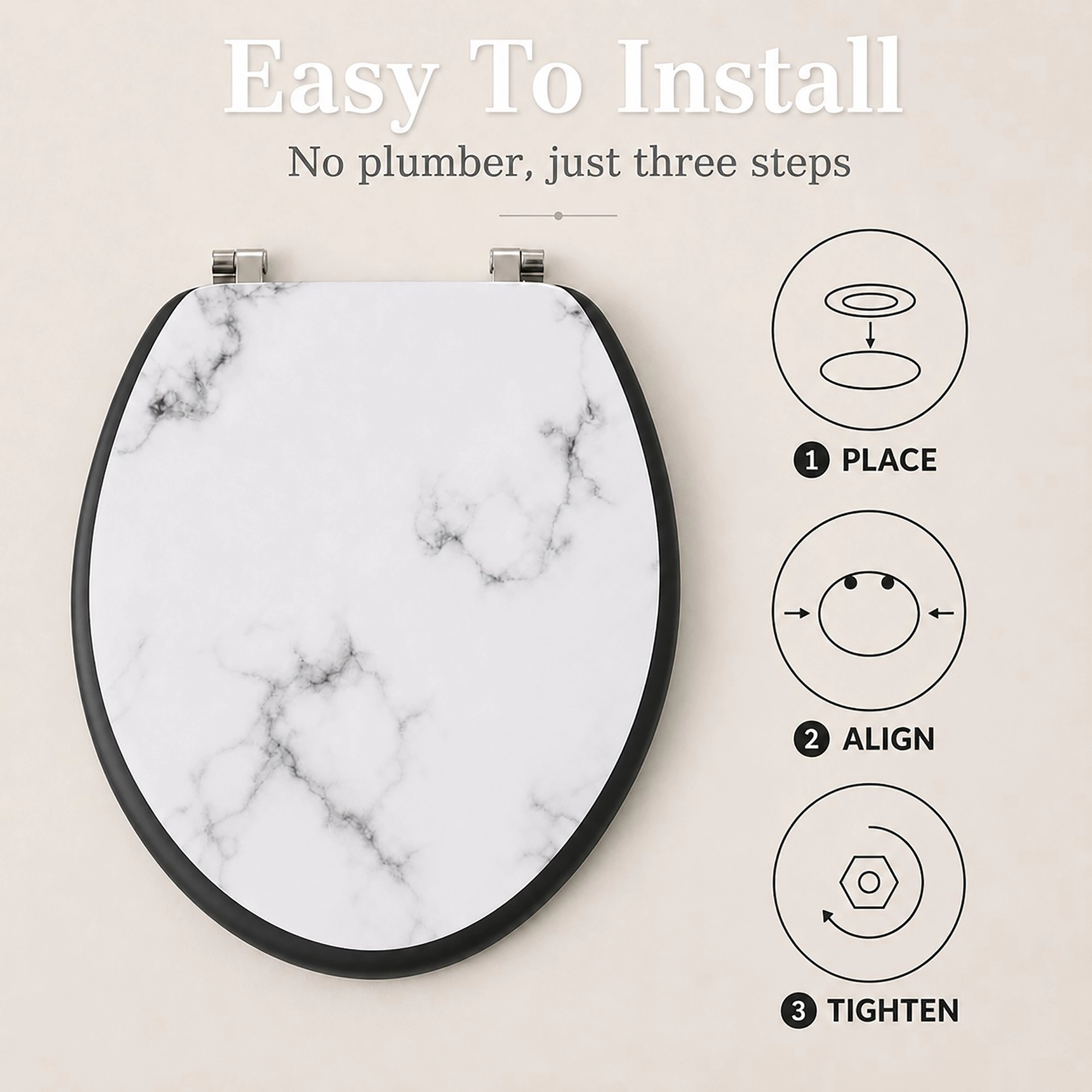 Evideco French Home Goods Carrara Noir Marble-Effect Elongated 18 Inch Toilet Seat