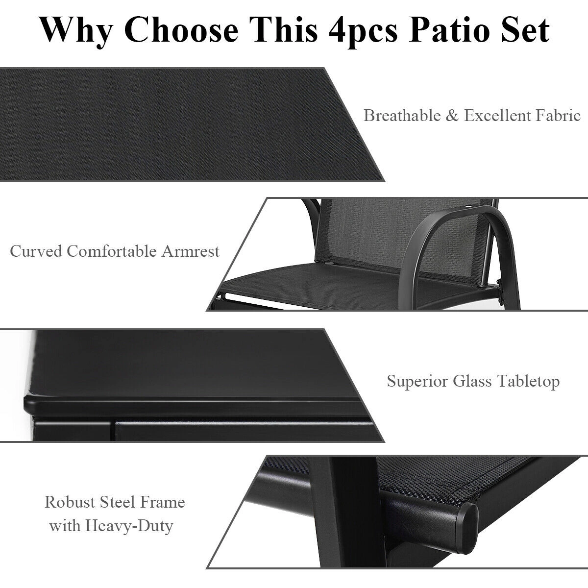 SUGIFT 4-Piece Black Patio Conversation Set, Loveseat, 2 Armless Sofas, Glass-Top Tea Table