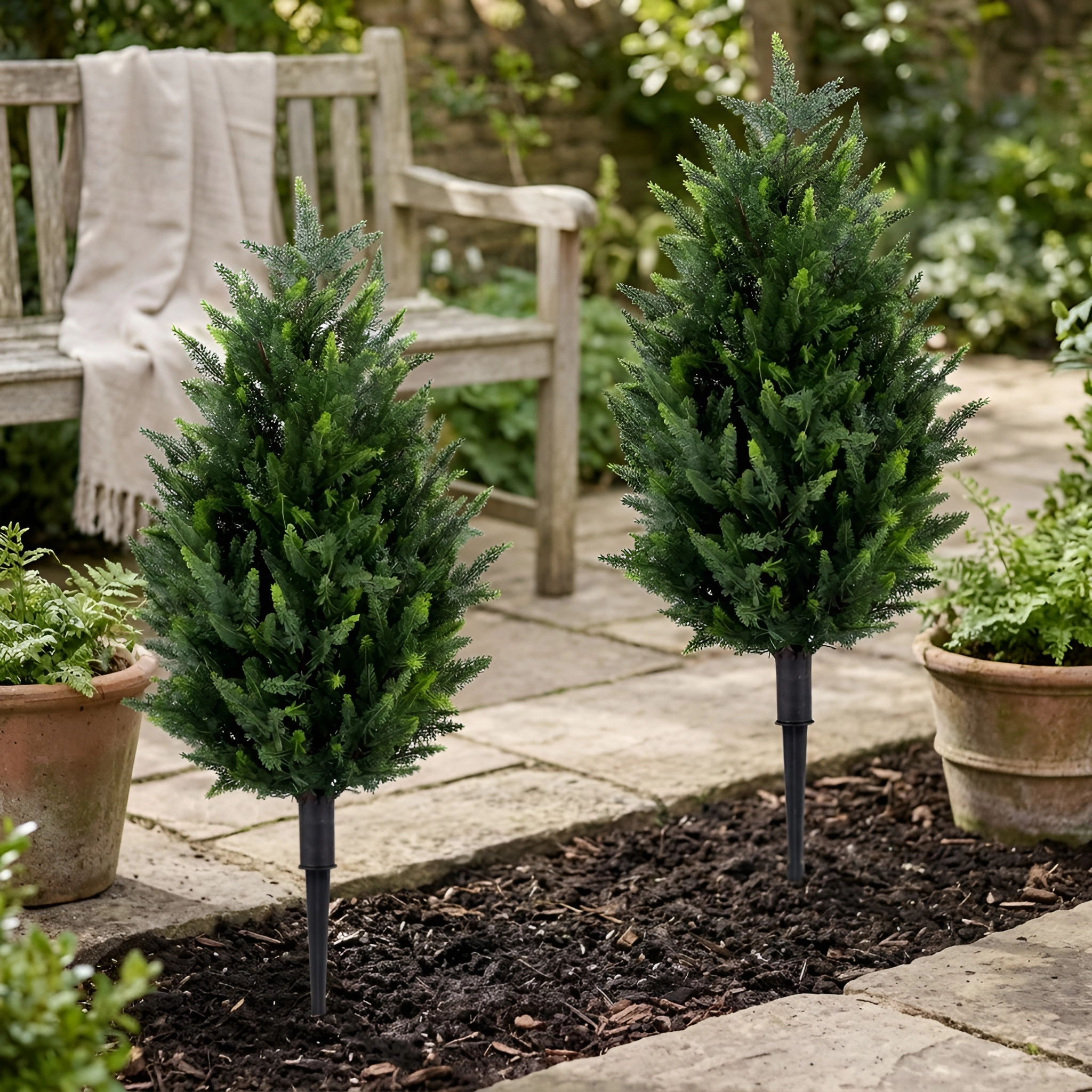 Slickblue Faux Cypress Topiary Trees Set of 2 with Ground Spikes Outdoor Decor