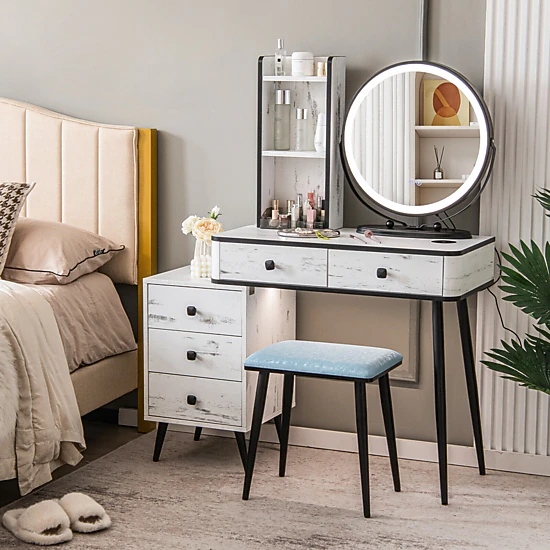 SUGIFT White Vanity Table Set with 3-Color Lighted Mirror, Wireless Charging and 3-Drawer Chest