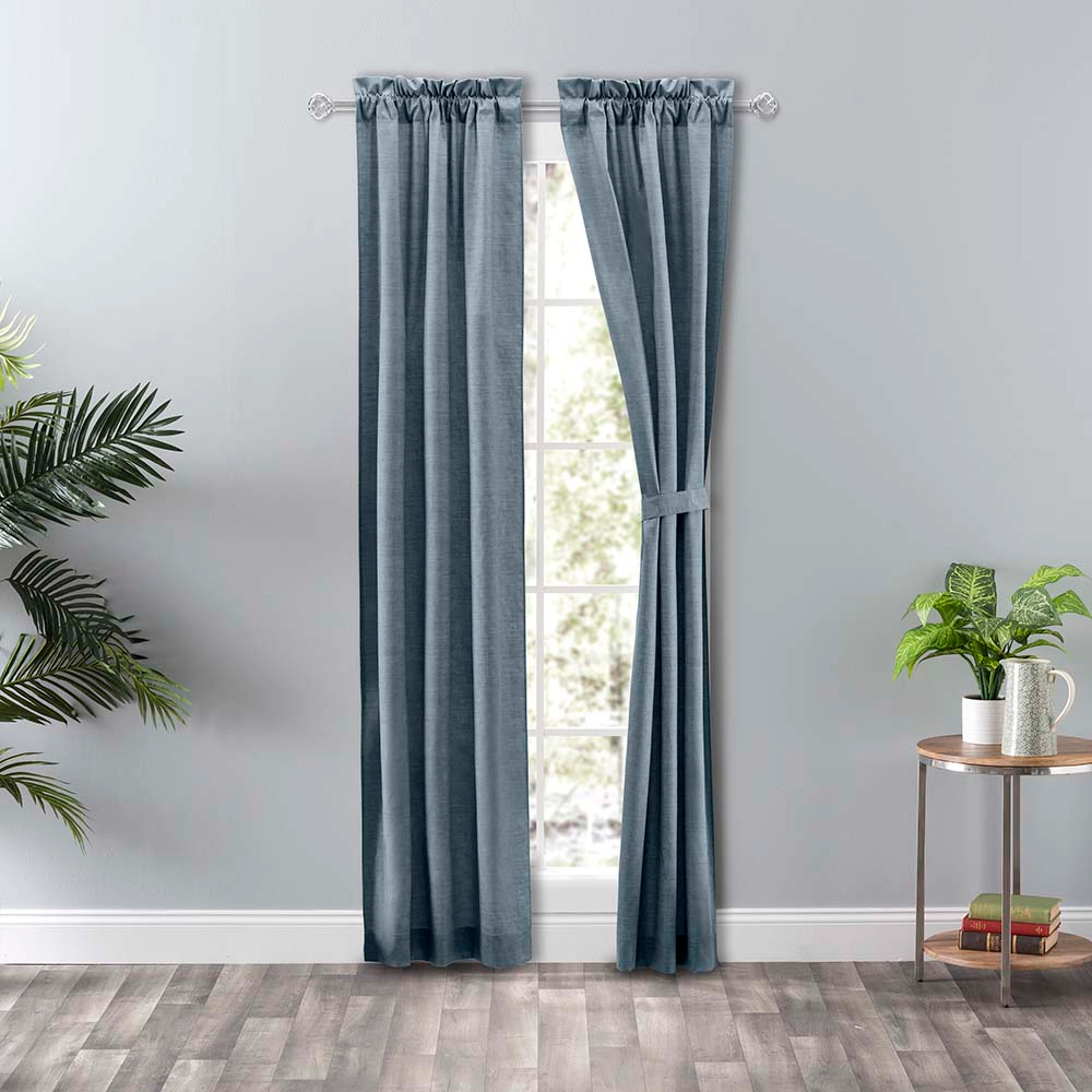 Ellis Curtain Lisa Solid Poly Cotton Duck Fabric Tailored Panel Pair with Ties 56" x 63" Dusty Blue