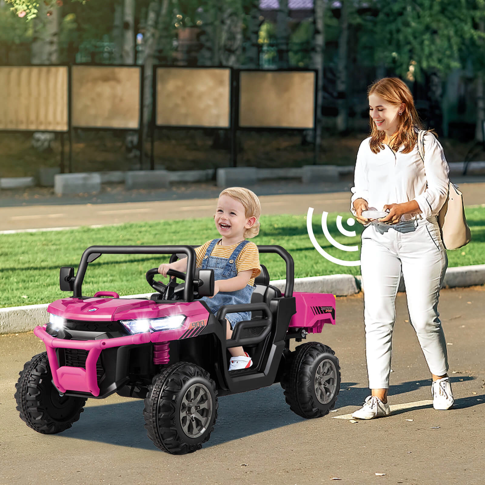 2-Seater Kids Ride On Dump Truck Emergency Brake Remote Rocking Mode Lockable Doors 12V Ages 3-8 110-lb Capacity Pink