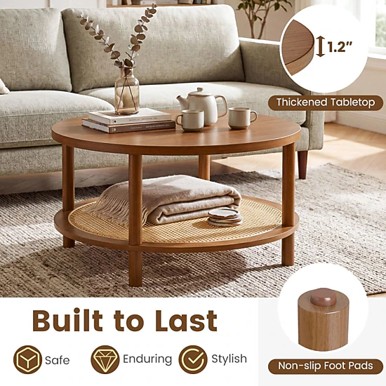 Hivvago 2-Tier Boho Round Rattan Coffee Table With Storage Shelf