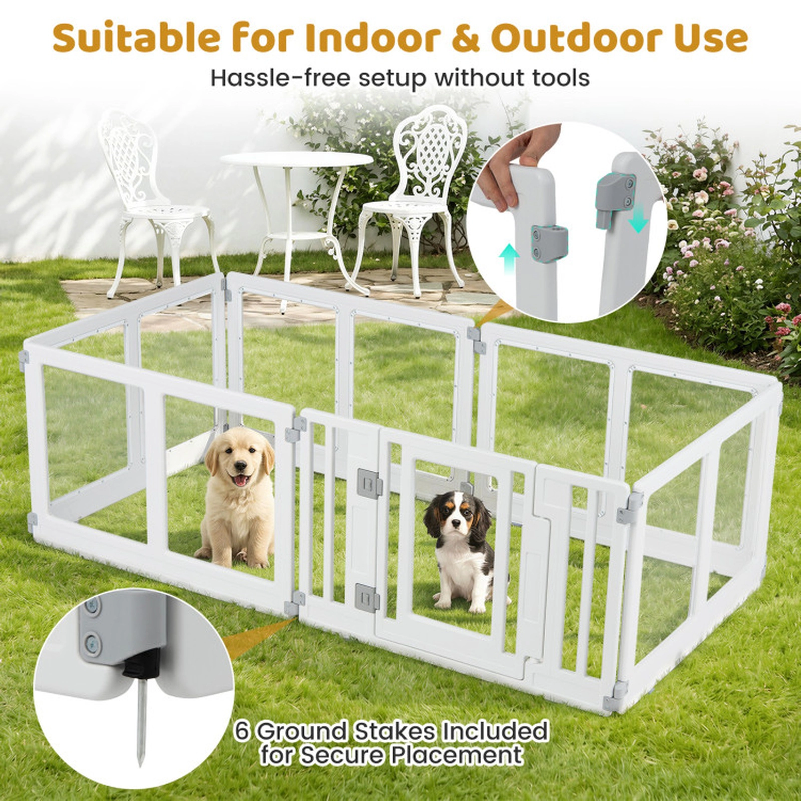 SUGIFT Clear 6-Panel Plastic Dog Playpen with Secure Locking Door Transparent Panels and 6 Ground Stakes