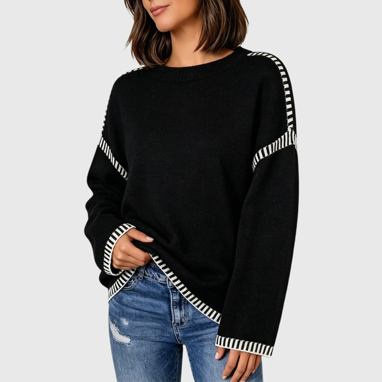 YesFashion Women's Oversized Sweaters Casual Color Block Crew Neck Long Sleeve Chunky Pullover Outfits
