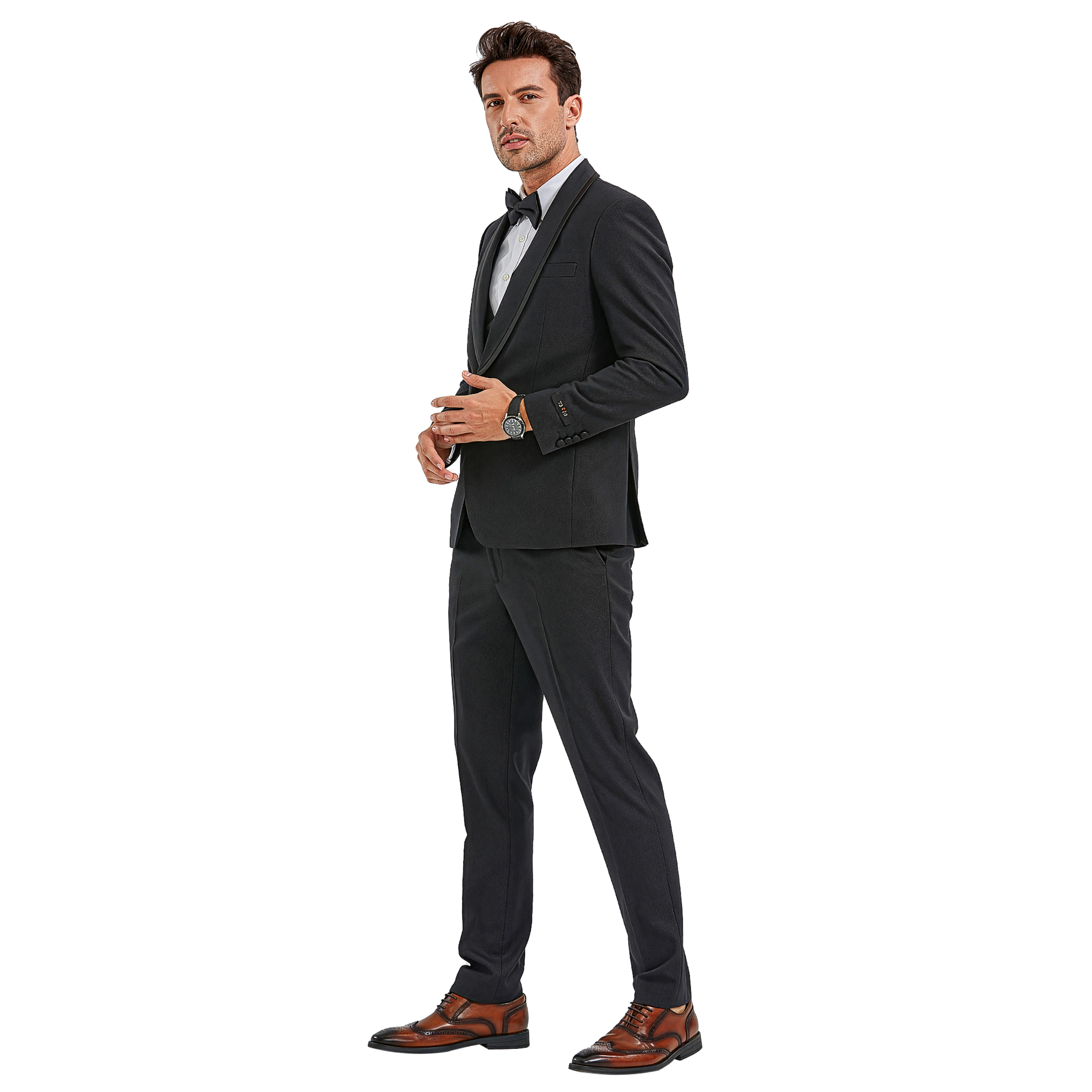 Tazzio Men's Skinny Fit 3-Piece Tuxedo Look Suit Set, Double Breasted Vest