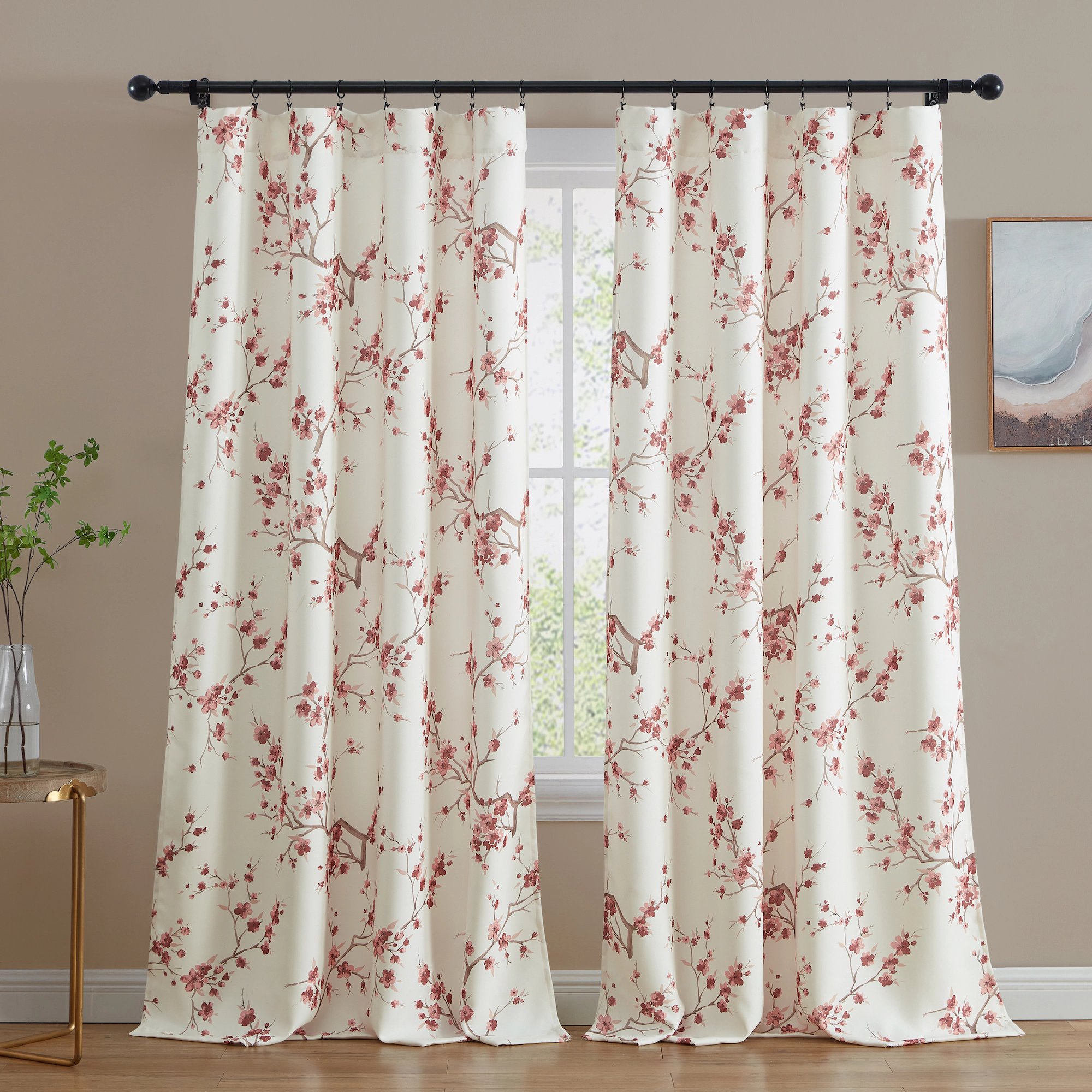 HLC.ME Jasmine Floral Patterned Window Rod Pocket Curtains Bedroom - Light Blocking Darkening Panels, Set of 2