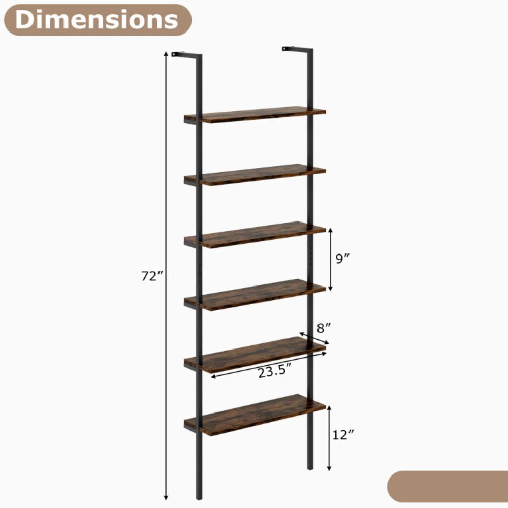 Hivvago 6-tier Ladder Shelf 72 Inches Industrial Wall Mounted Bookshelf
