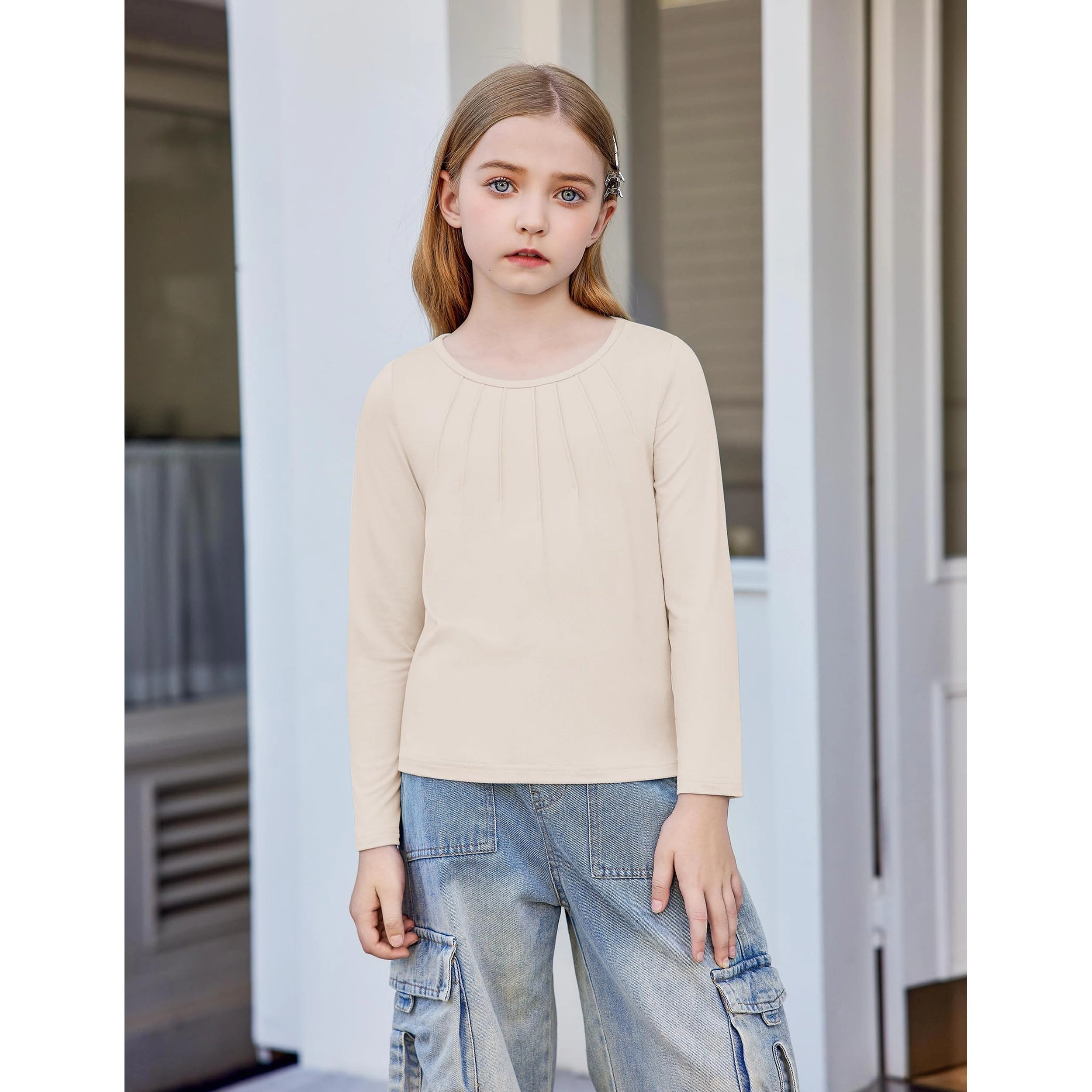 Arshiner Girls Long Sleeve Tops Dressy Pleated Round Neck Tunic Blouses Casual Loose Shirts