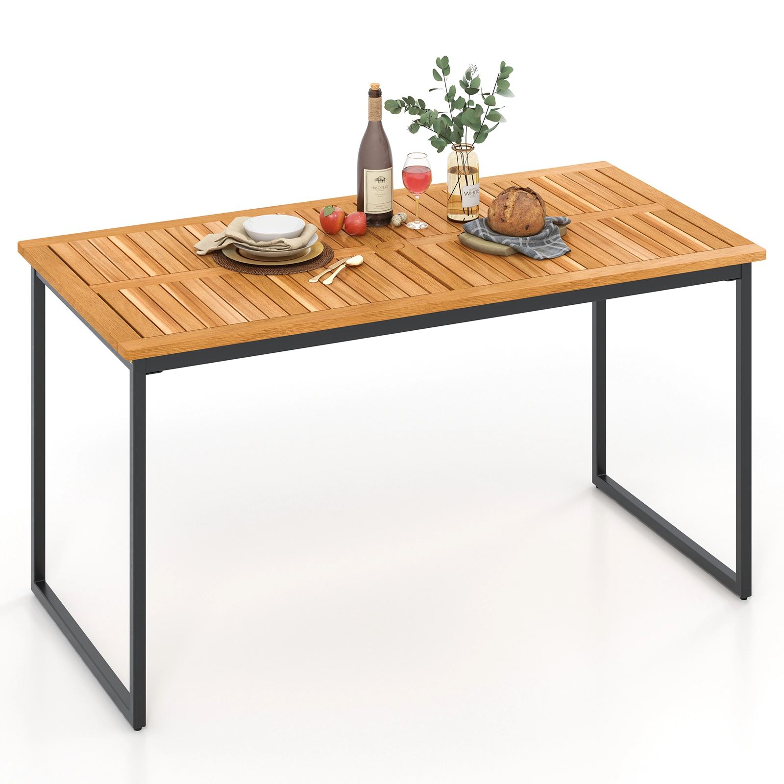 SUGIFT Acacia Wood Dining Table for 6 People with Slatted 55-in Tabletop Umbrella Hole 165-lb Capacity Natural and Black