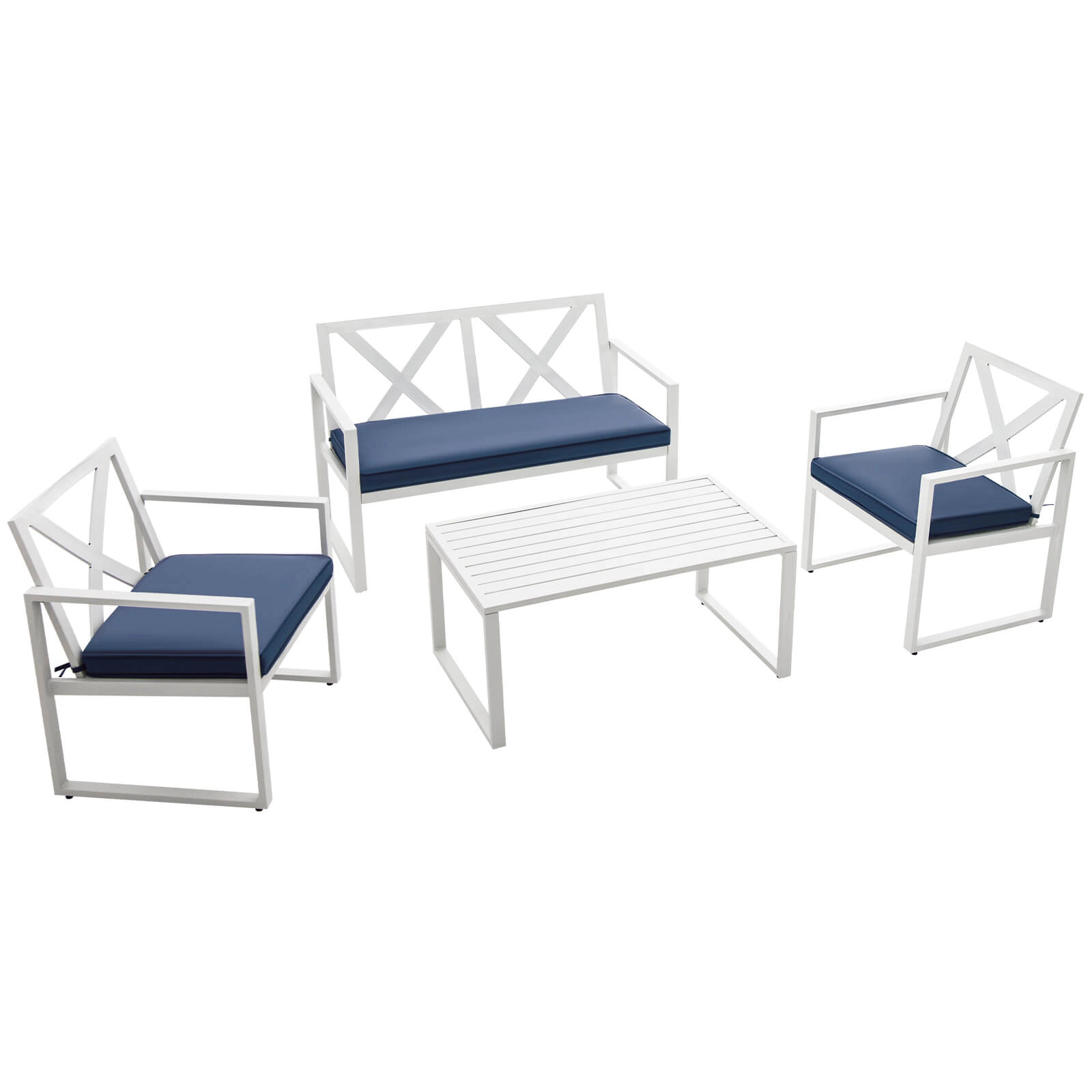 SUGIFT White and Navy Steel Frame Loveseat and Side Table 4-Piece Outdoor Conversation Set