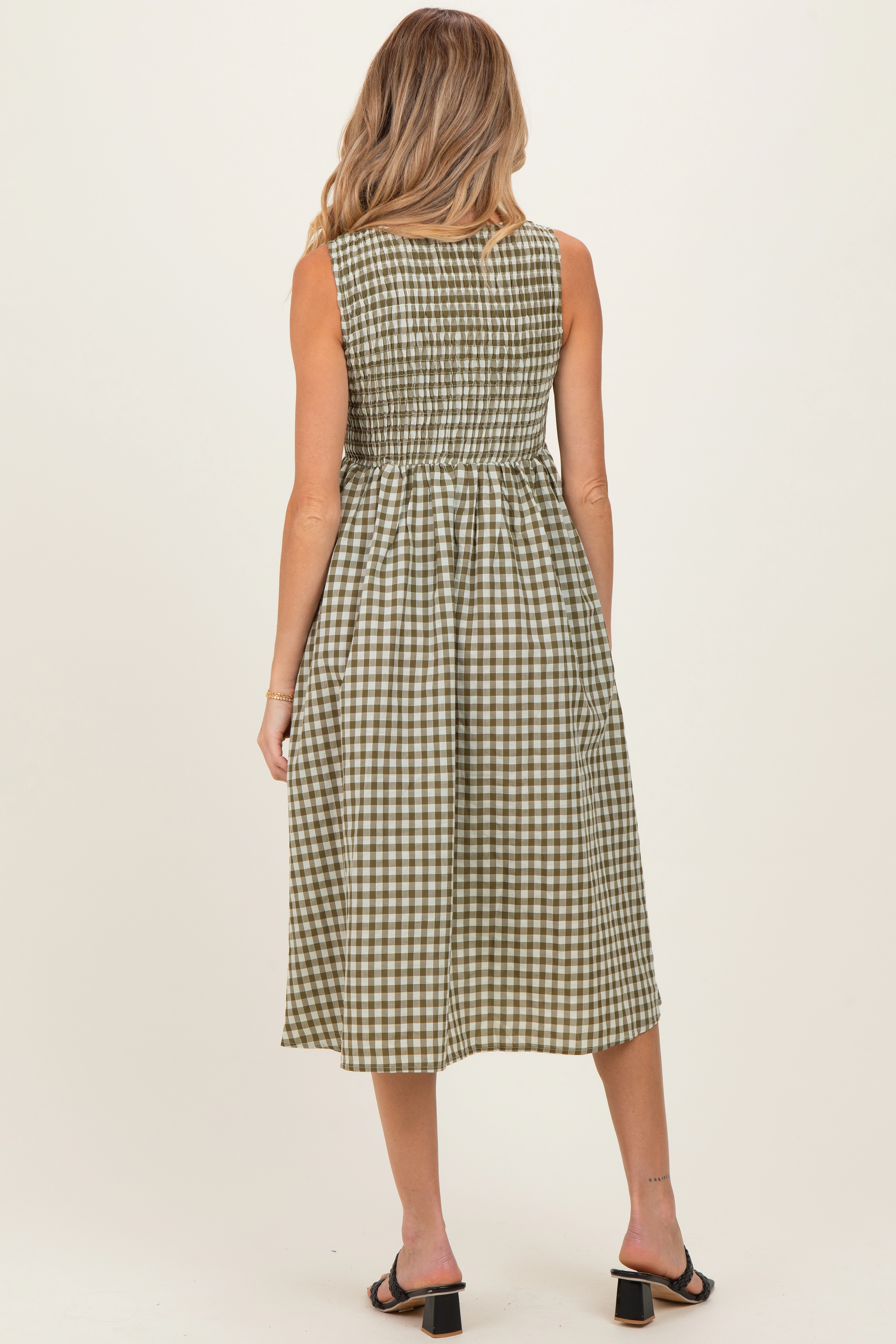 PinkBlush Womens Olive Gingham Smocked Sleeveless Maternity Midi Dress