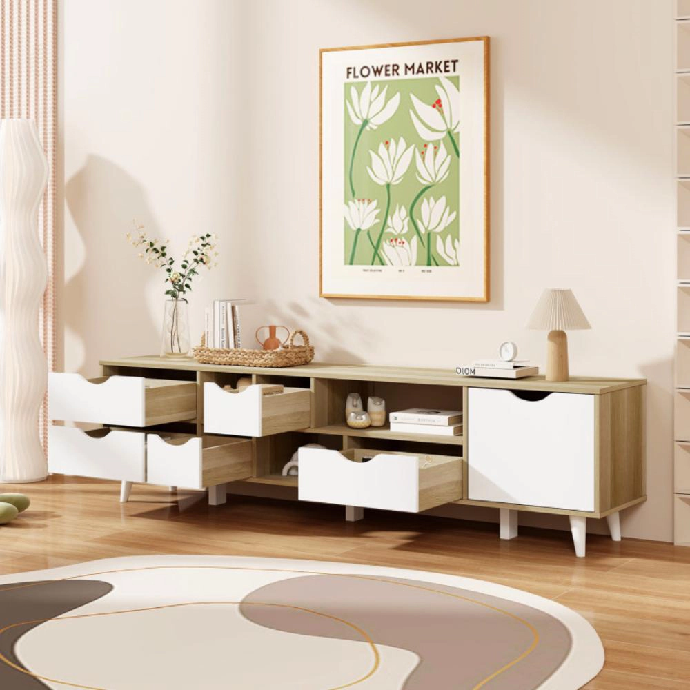 Hivvago Tv Stand For Tvs Up To 65Â€ Television Cabinetâ W/ 5 Drawers & 3 Open Shelves-Oak