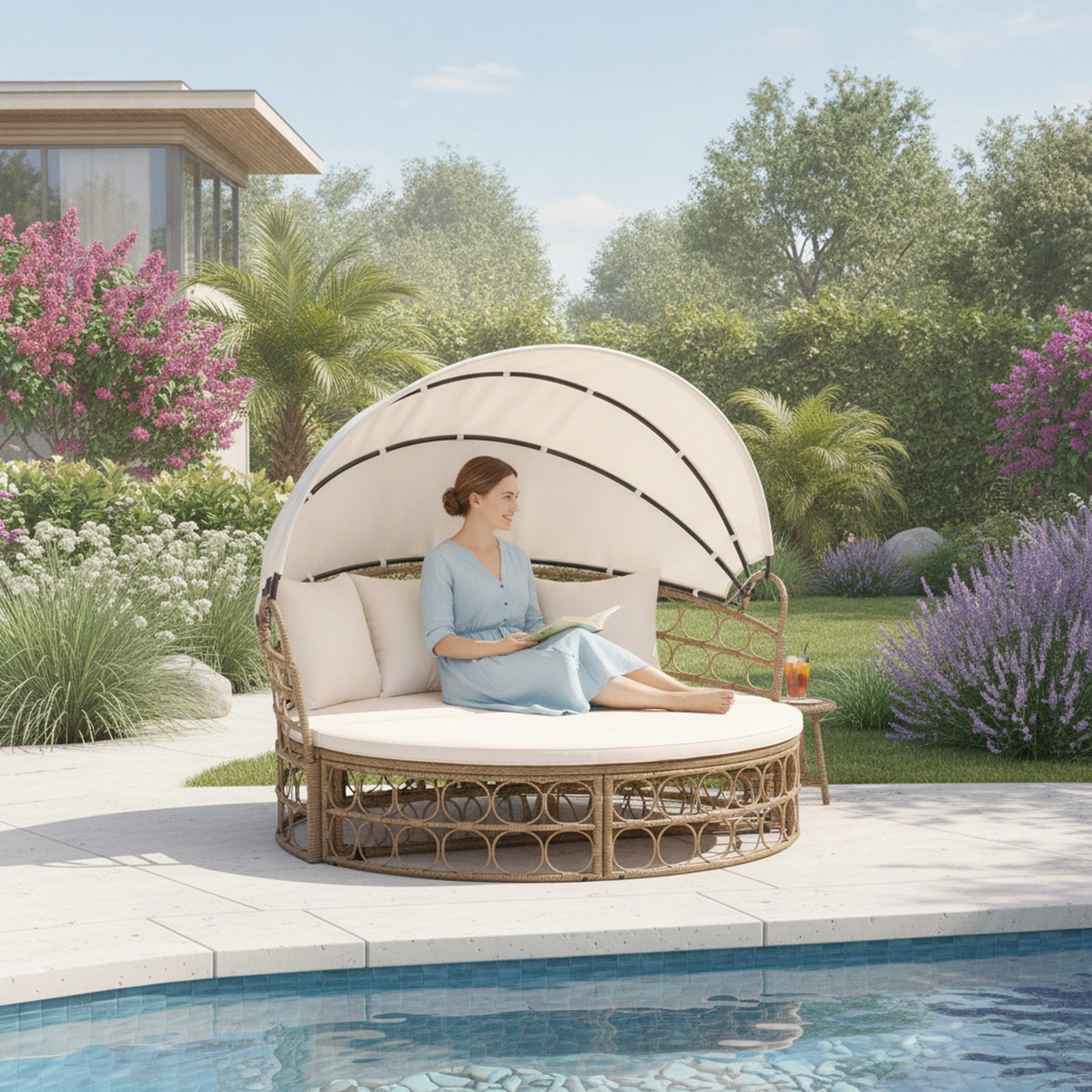 SUGIFT 66-Inch Round Outdoor Daybed with Retractable Canopy, Yellow PE Rattan Wicker