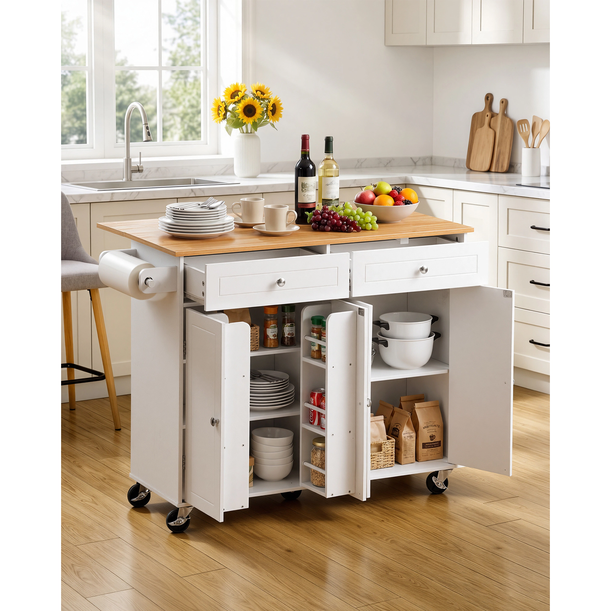 HONGGE Kitchen Island Cart with Storage Mobile Rolling on Swivel Wheels 2 Drawers Cabinet