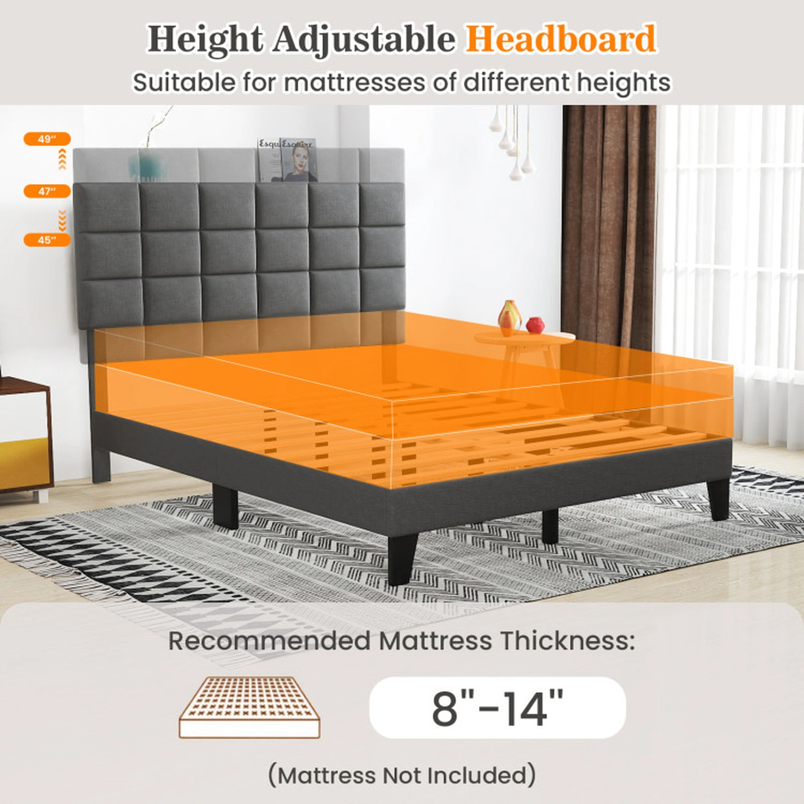 SUGIFT Gray Height Adjustable Quilted Headboard Linen Upholstered Bed Frame