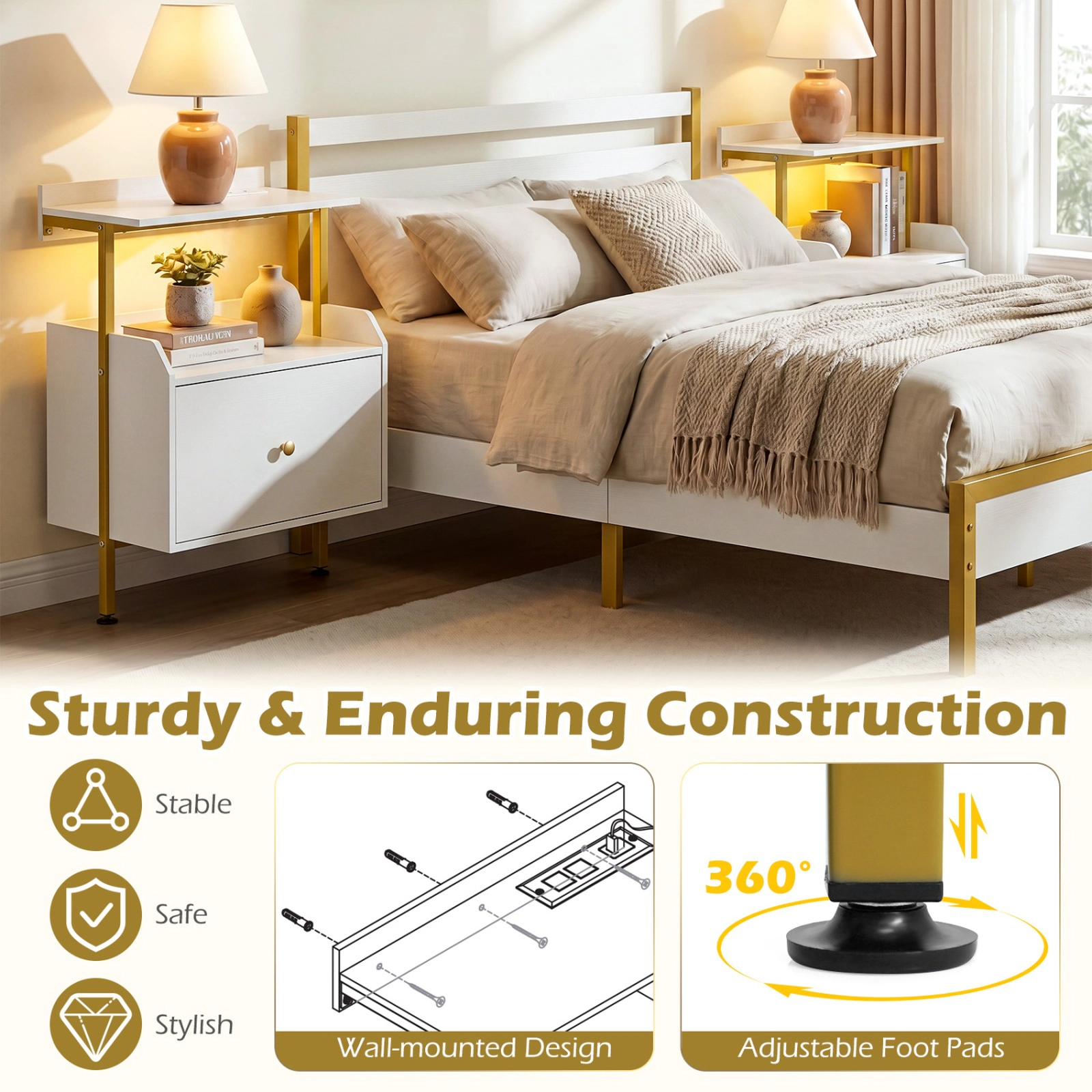 SUGIFT Wall Mounted Nightstand White with LED Lights Charging Station and Drawer