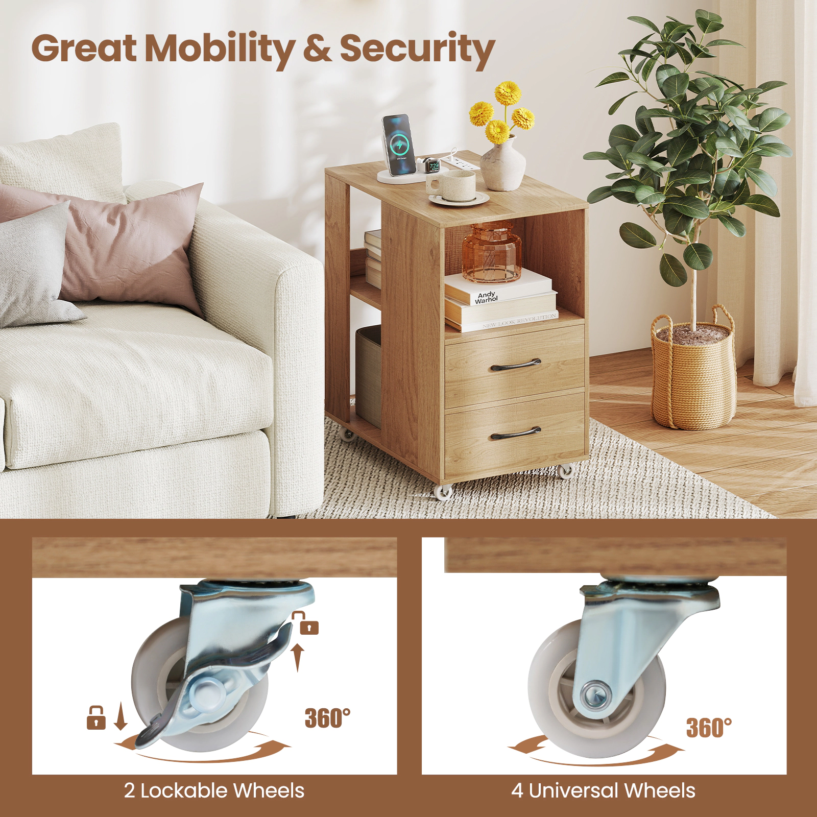 SUGIFT End Table with Built-in Charging Station Sofa Side Bedside Table on Wheels Natural/White