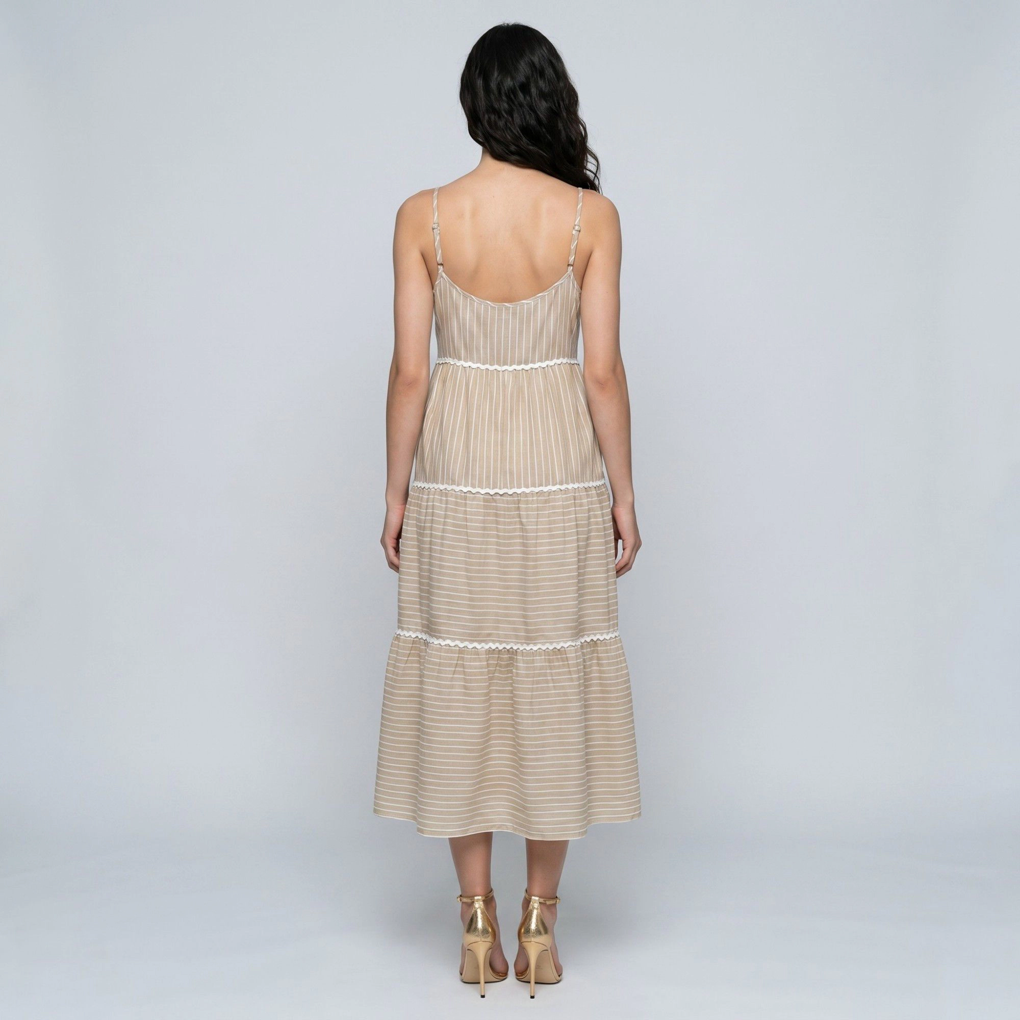 Anna-Kaci Women's Striped Spaghetti Strap Button Front Rickrack Trim Tiered Skirt A-Line Midi Dress
