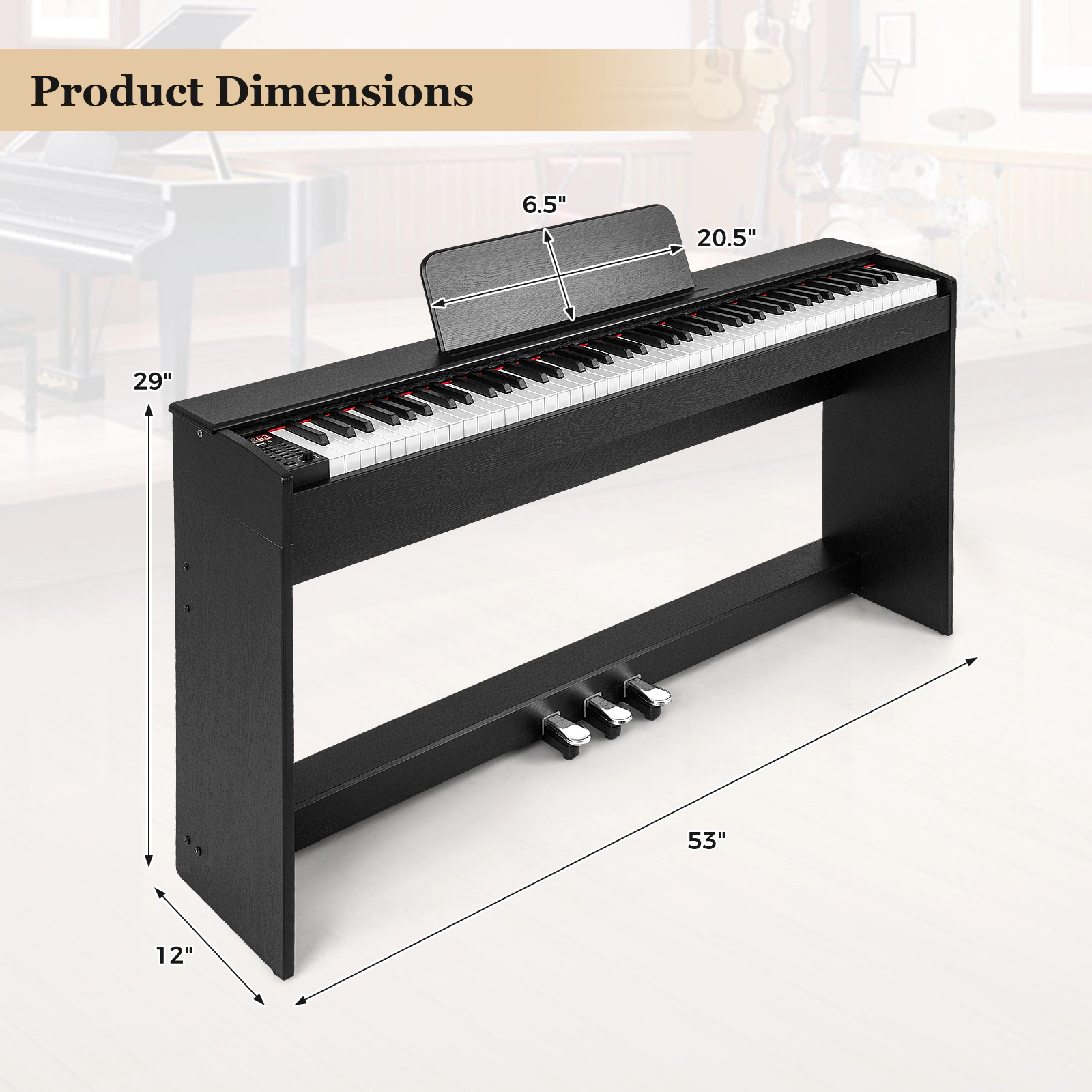 SUGIFT Black 88-Key Hammer Action Weighted Digital Piano with Furniture Stand and Triple Pedals 53-in W 29-in H