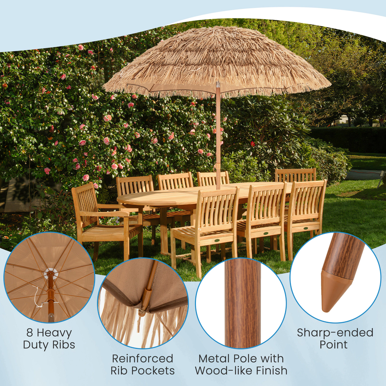 SUGIFT Thatched Tiki Umbrella with Foldable Stand and Push Button Tilt 6.5-ft Canopy Natural