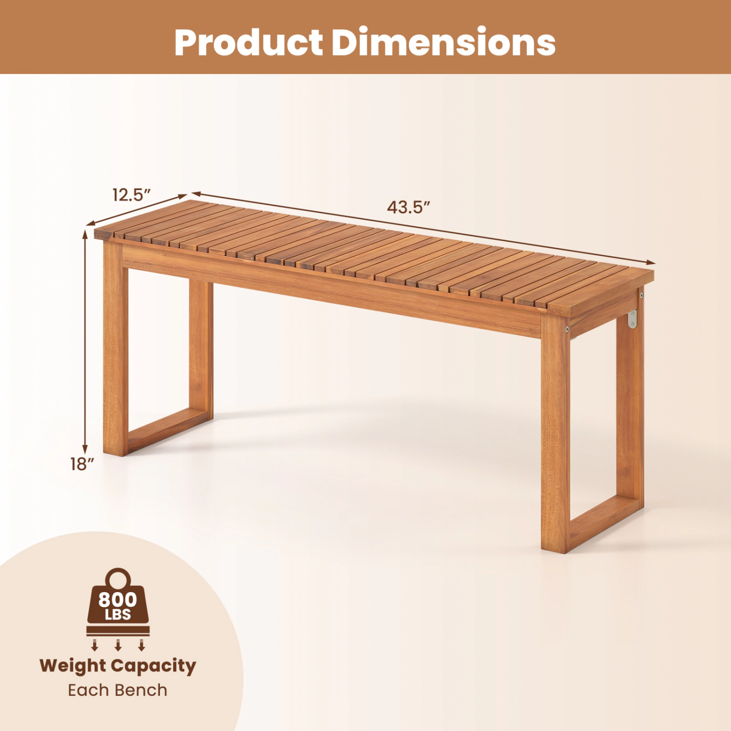 LJG Acacia Wood Outdoor Garden Bench Set of 1/2 with Slatted Seat for Front Porch