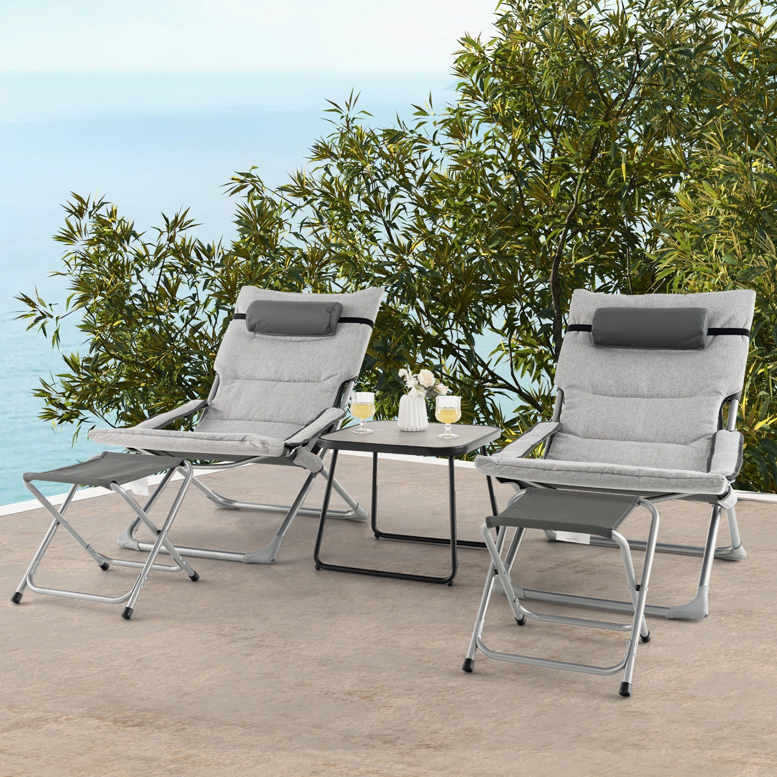 SUGIFT 5-Piece Gray Folding Patio Sling Lounge Set with 2 Footrests and Coffee Table
