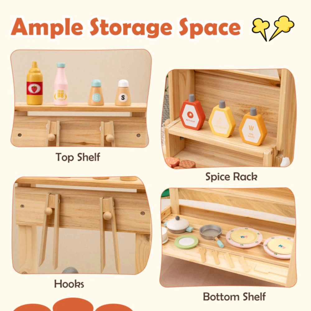 Hivvago Wooden Barbecue Grill Playset with Play Food and Open Shelves-Natural