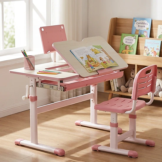 SUGIFT Pink Kids Desk, Height-Adjustable 20 to 28.8 in, 7-Level Tilt Top, Book Stand and Drawer